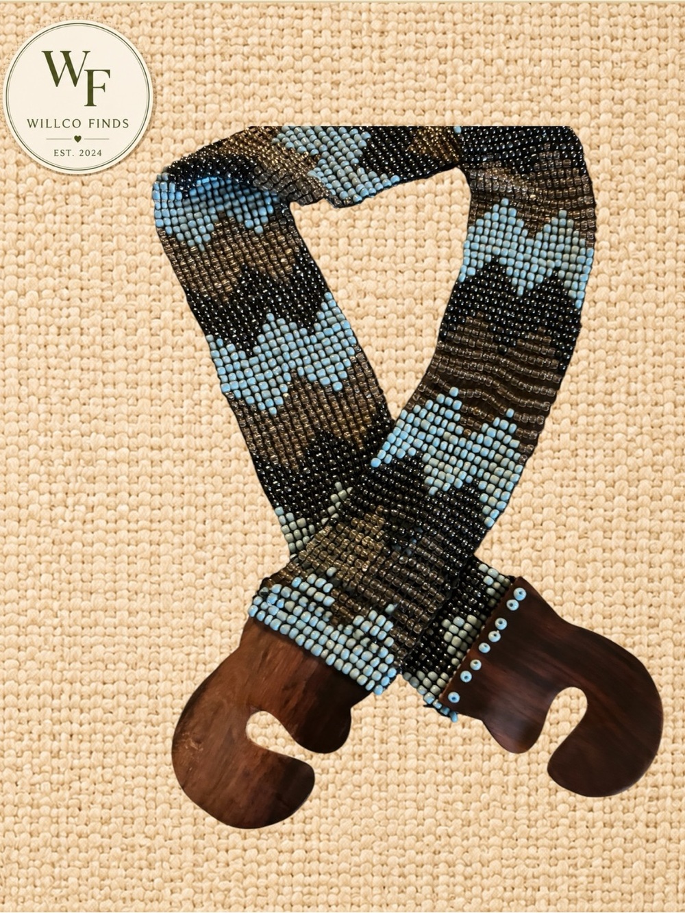Vintage Indonesian Beaded Stretch Belt Turquoise Black Wood Buckle